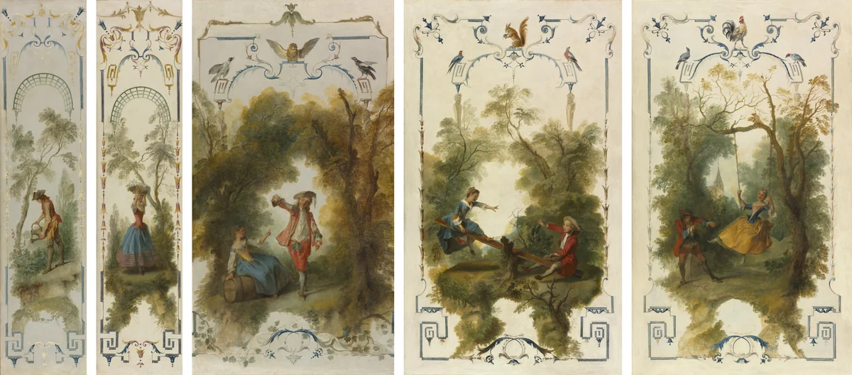 Wall Panels: The Gardener, Horticulture, The Vineyard, The See-Saw, The Swing by Nicolas Lancret, painting, 1718-1732