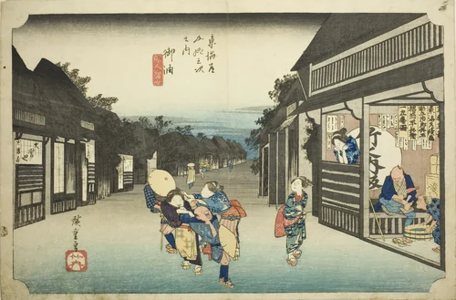 Goyu: Women Stopping Travelers (Goyu tabibito tomeru onna), from the series “Fifty-three stations of the Tokaido (Tokaido gojusan tsugi no uchi)," also known as the Hoeido Tokaido by Utagawa Hiroshige (歌川広重), print, 1828-1839