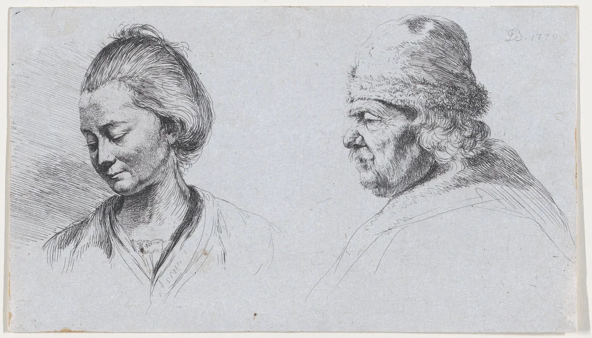 Study of Four Heads by Jean Jacques de Boissieu, print, 1770