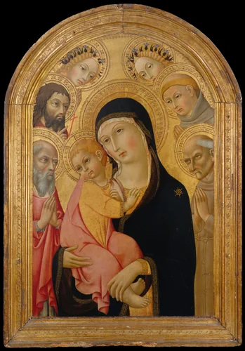 Madonna and Child with Saints Jerome, Bernardino, John the Baptist, and Anthony of Padua and Two Angels by Sano di Pietro, painting, 1462-1473