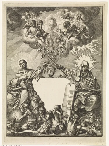 Personificaties van het Oude Verbond en het Evangelie kruisen samen de bloeiende staf van Aäron by Jan Luyken, print, 1712