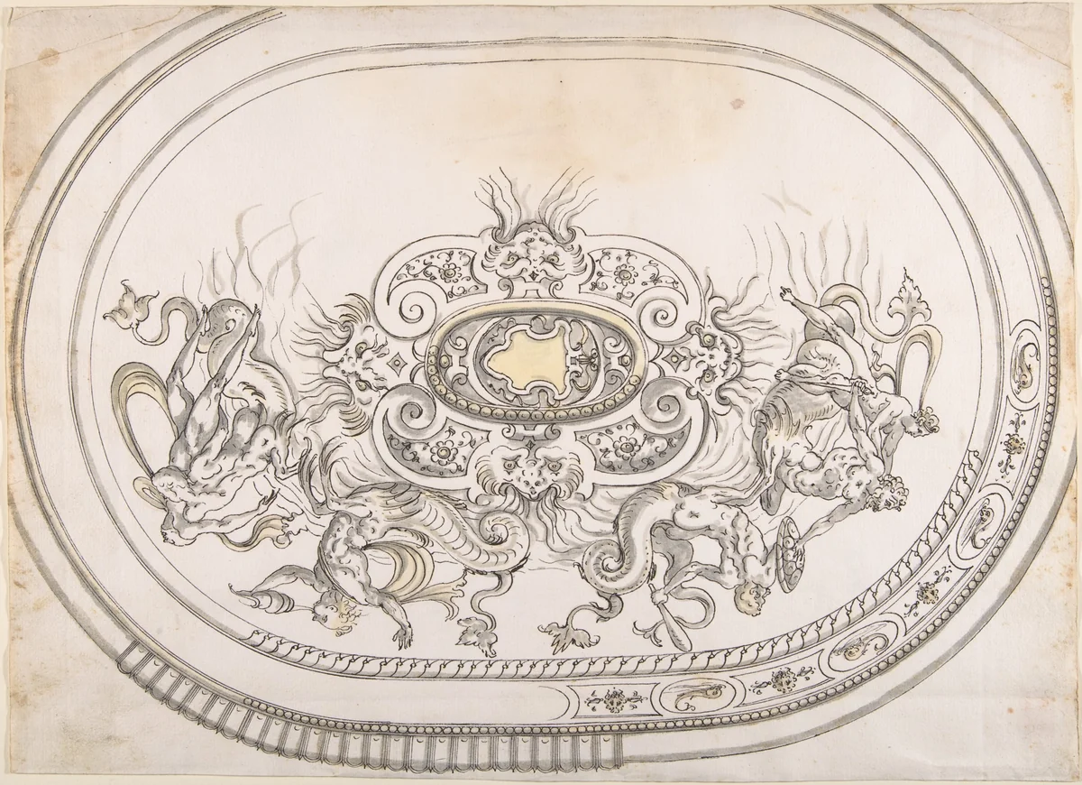 Design for a Platter with Battling Tritons and Sea Nymphs by Erasmus Hornick, drawing, 1500-1583