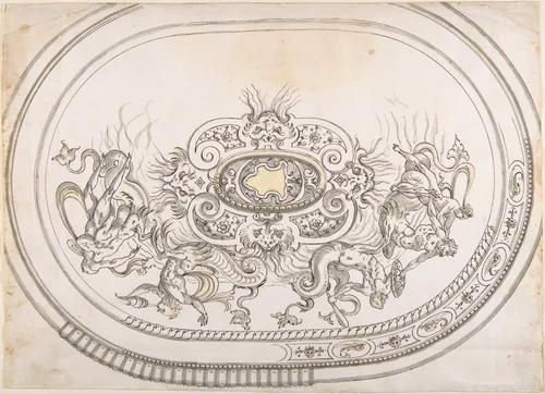 Design for a Platter with Battling Tritons and Sea Nymphs by Erasmus Hornick, drawing, 1500-1583