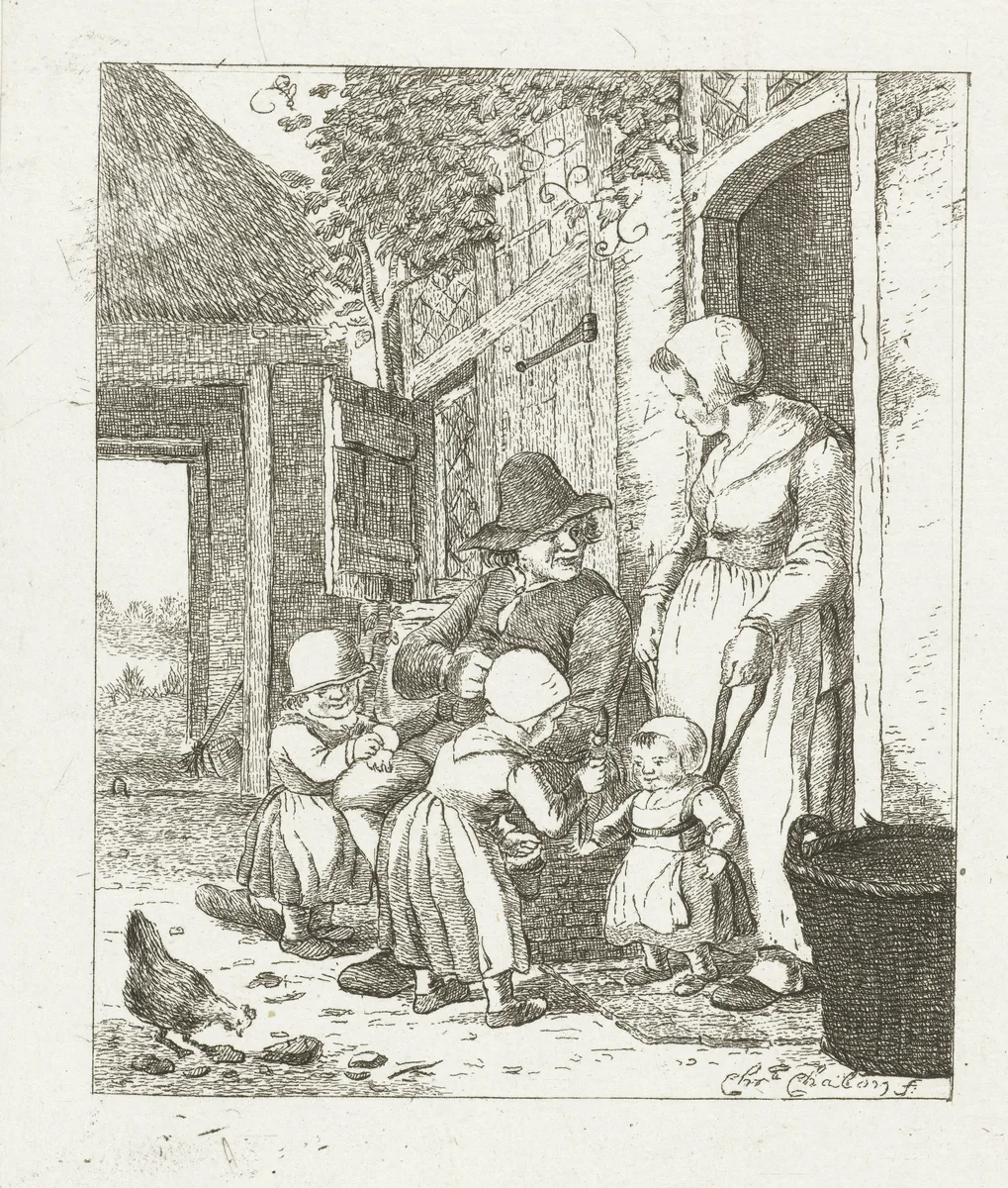 Gezin voor een huis by Pieter de Mare, print, 1779