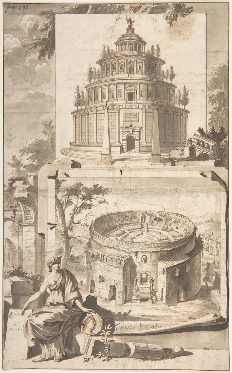A Reconstruction of the Mausoleum of Augustus (above) and a View of the Ruins (below) by Jan Goeree, drawing, 1690-1704