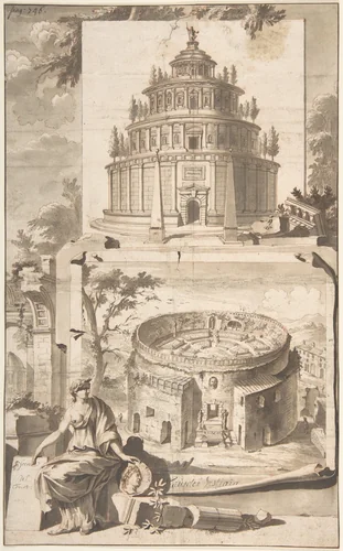 A Reconstruction of the Mausoleum of Augustus (above) and a View of the Ruins (below) by Jan Goeree, drawing, 1690-1704
