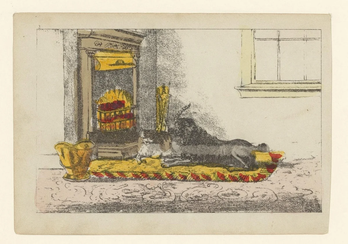 Kardoes en Muizenschik voor de open haard by anonymous, print, 1841