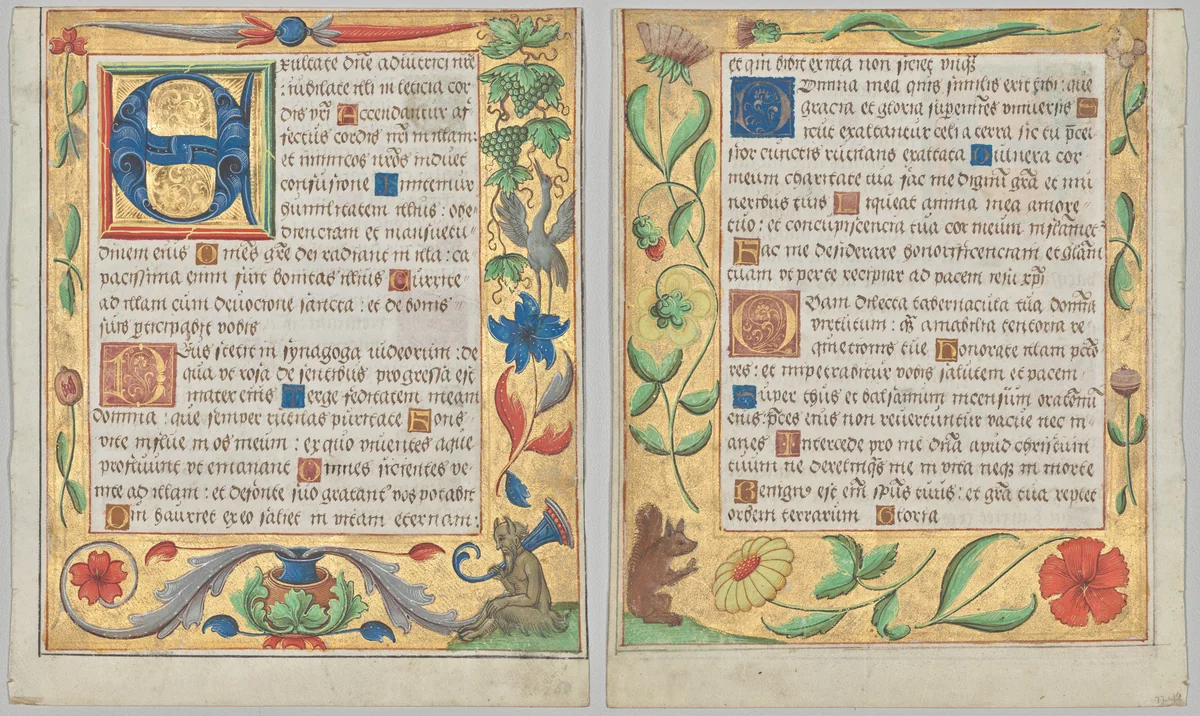 Leaf from a Psalter and Prayerbook: Initial E with Ornamental Border Containing a Seated Satyr and a Bird Eating Grapes (recto) and Ornamental Border with Flowers and Squirrel (verso) (2 of 3 Excised Leaves) by Unknown, manuscript, 1519-1529