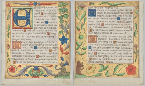Leaf from a Psalter and Prayerbook: Initial E with Ornamental Border Containing a Seated Satyr and a Bird Eating Grapes (recto) and Ornamental Border with Flowers and Squirrel (verso) (2 of 3 Excised Leaves) by Unknown, manuscript, 1519-1529