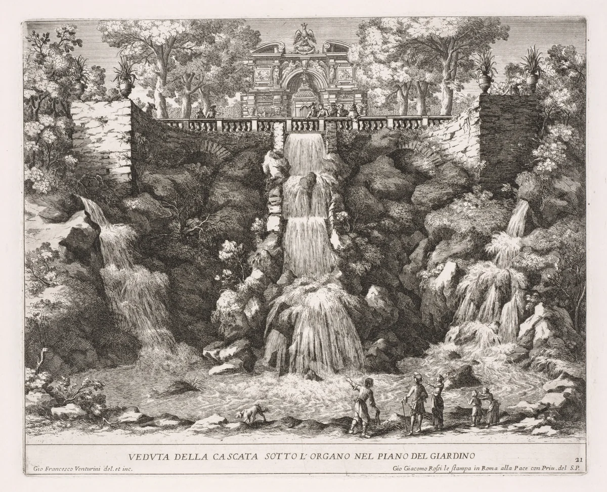 The Fountains of Rome (Le fontane di Roma), Book IV, plate 21: View of the Cascade below the Organ from the Garden (Veduta della Cascata Sotto L'Organo nel Piano del Giardino) by Giovanni Francesco Venturini, print, 1676-1700
