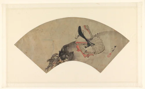 Waaierblad met een dichteres op een berg by Suzuki Kiitsu (鈴木基一), drawing, 1800-1900