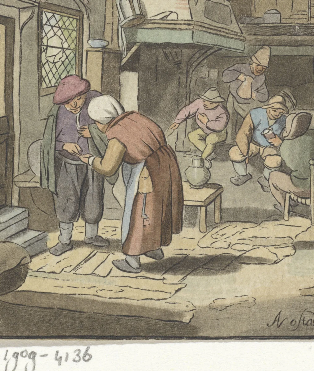 Interieur met boeren bij een haard by Bernhard Schreuder, print, 1767-1780