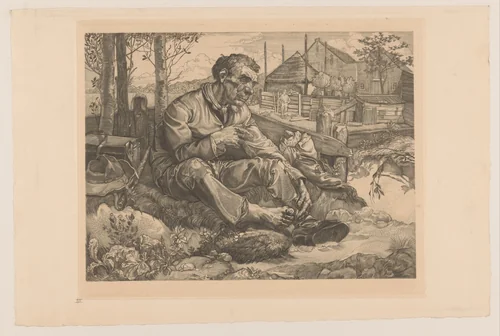 Rustende man bij boerderij by Johannes Josephus Aarts, print, 1881-1934