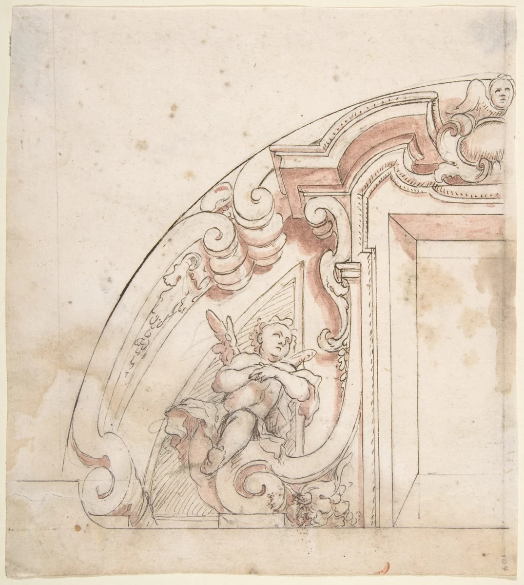 Design for One Half of a Lunette with a Window and Putto at Left by anonymous, drawing, 1700-1780