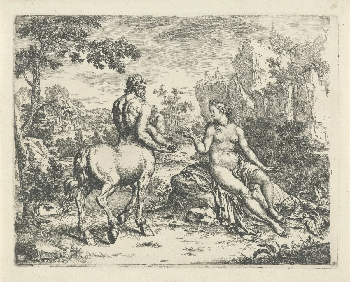Ocyrhoë voorspelt het lot van Chiron en Asclepius by Willem van Mieris, print, 1684-1747