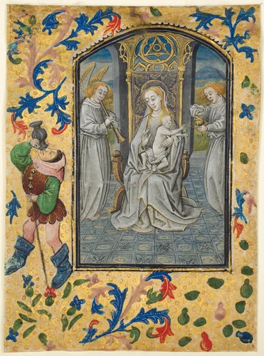 Leaf from a Book of Hours: Virgin and Child Enthroned by Guillaume Vrelant, manuscript, 1470-1480