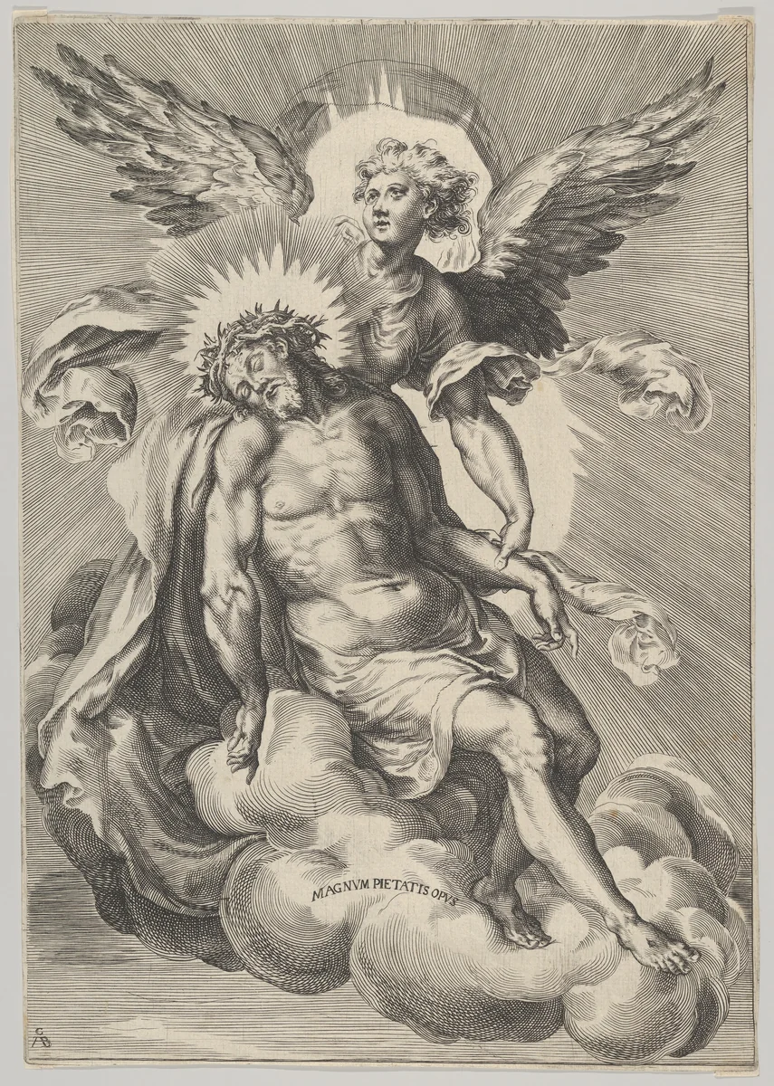 Christ supported by an angel standing on a cloud with light radiating behind them by Cherubino Alberti, print, 1570-1615