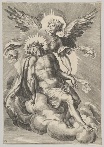 Christ supported by an angel standing on a cloud with light radiating behind them by Cherubino Alberti, print, 1570-1615