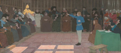 The Trial of Joan of Arc (Joan of Arc series: VI) by Louis Maurice Boutet de Monvel, painting, 1909-1910