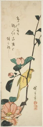 Canary and camellias by Utagawa Hiroshige (歌川広重), print, 1840-1849