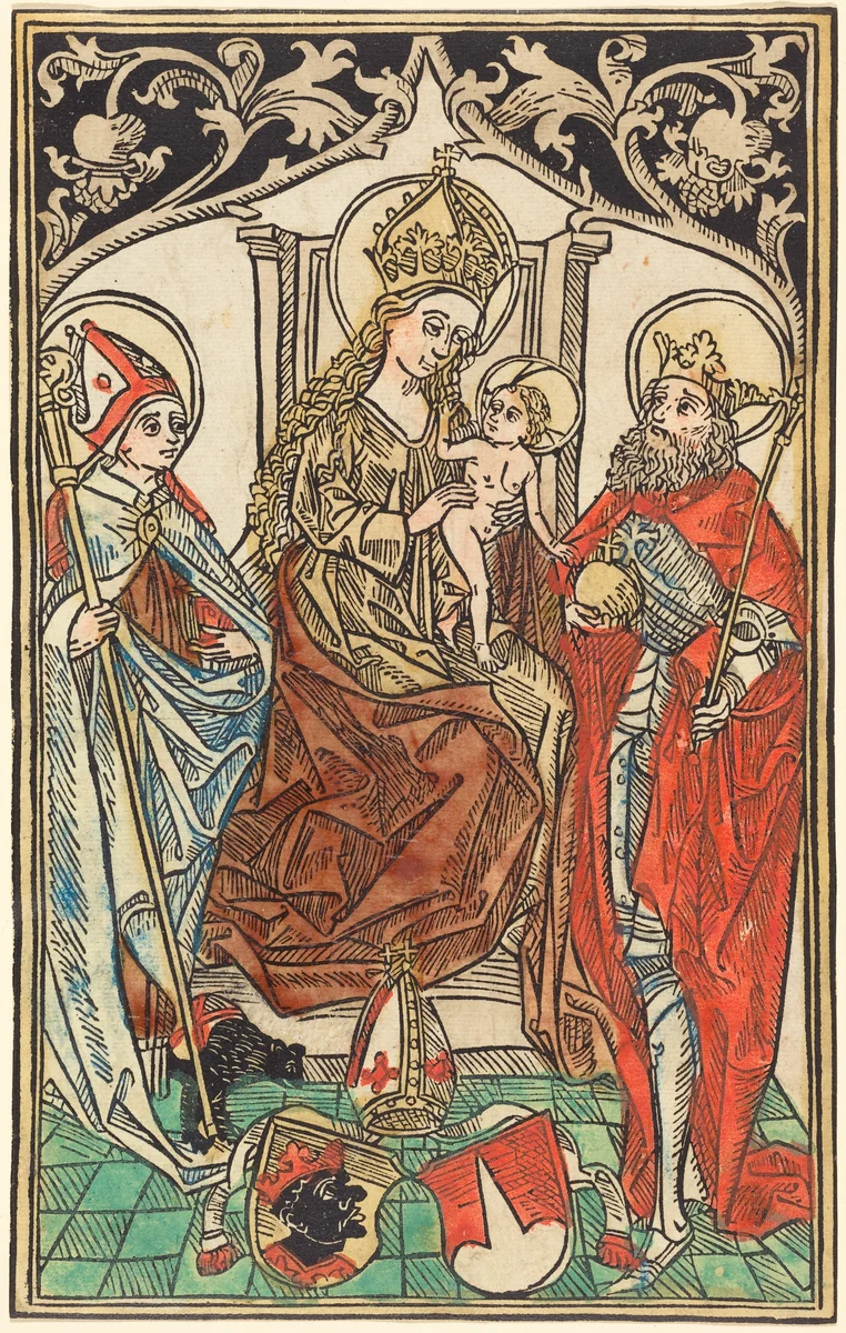 The Madonna and Child Enthroned, with Saints Corbinian and Sigismund by German 15th Century, print, 1492