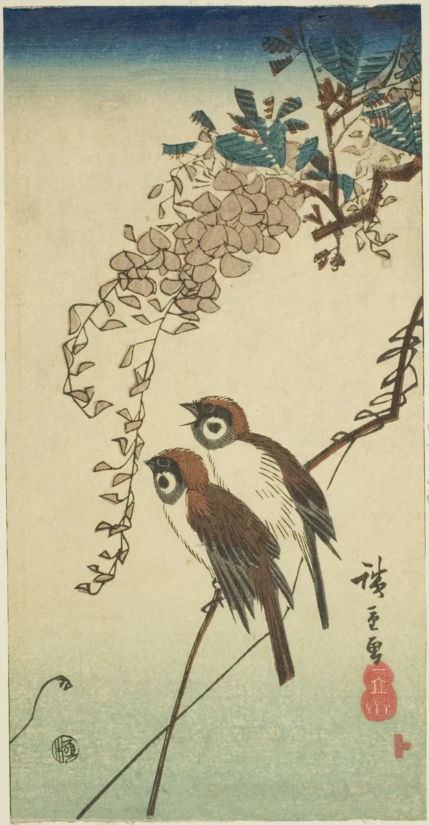 Sparrows and wisteria by Utagawa Hiroshige (歌川広重), print