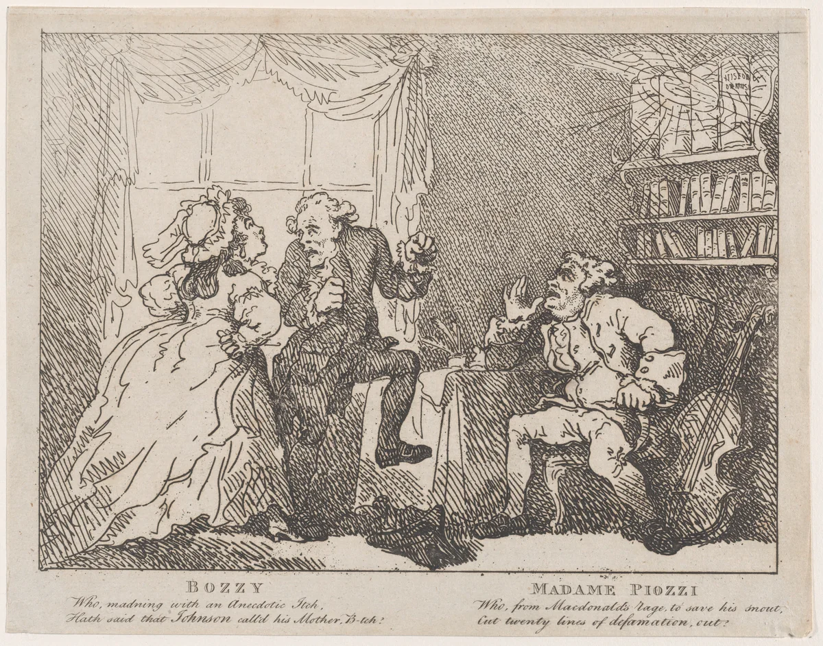 Bozzy and Madame Piozzi (Frontispiece, "Bozzy and Piozzi" by Peter Pindar) by Thomas Rowlandson, print, 1780-1786