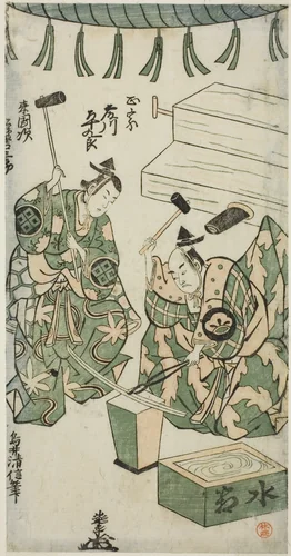 The Actors Fujikawa Heikuro as Masamune and Matsushima Kichisaburo as Rai Kunitsugu in the play "Shin Usuyuki Monogatari," performed at the Nakamura Theater in the sixth month, 1746 by Torii Kiyonobu II, print, 1746
