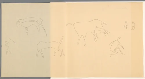 Studieblad met dieren en figuren by anonymous, drawing, 1849-1949