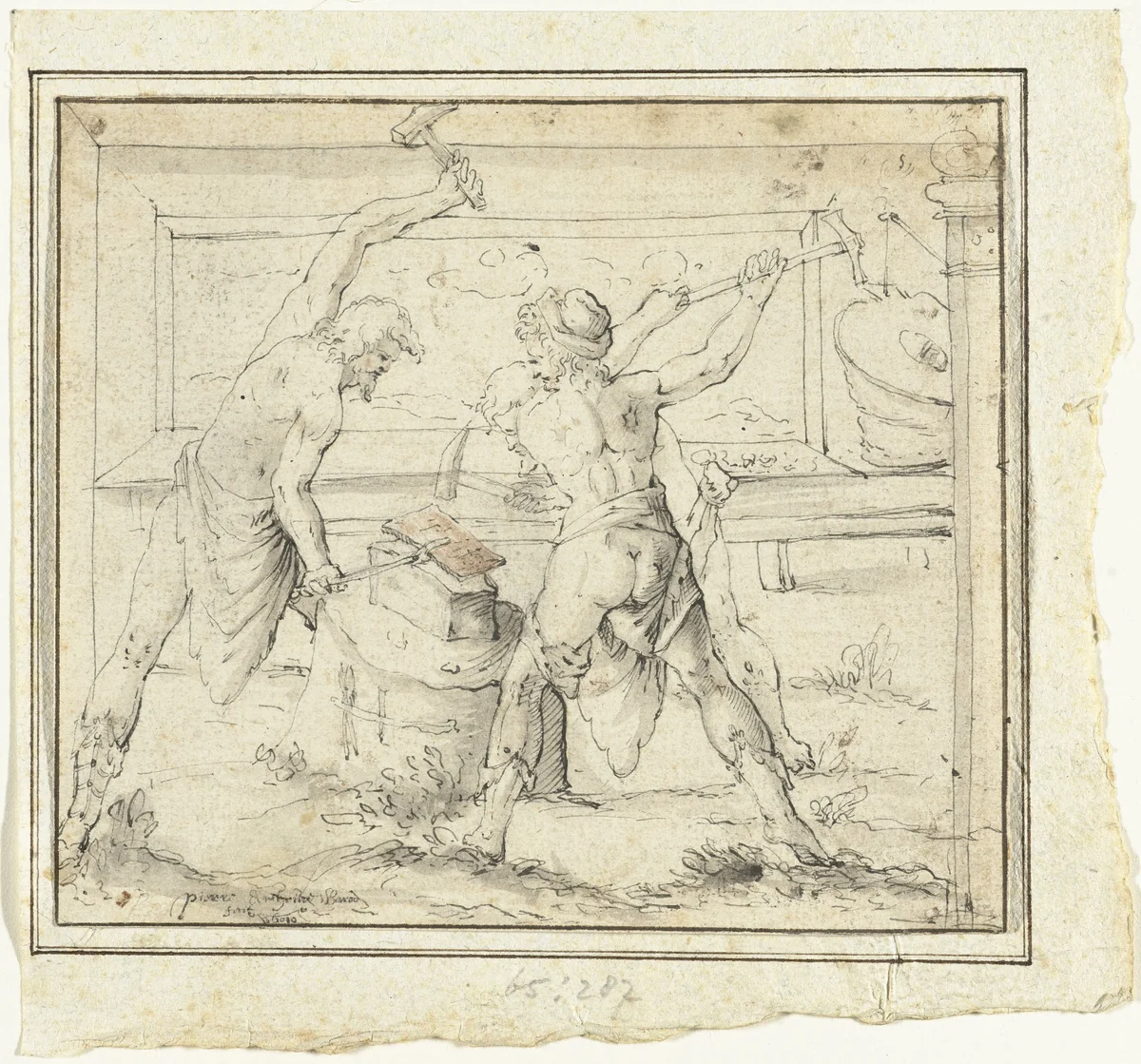 Smidse met drie smeden by Pierre Antonie Barod, drawing, 1610