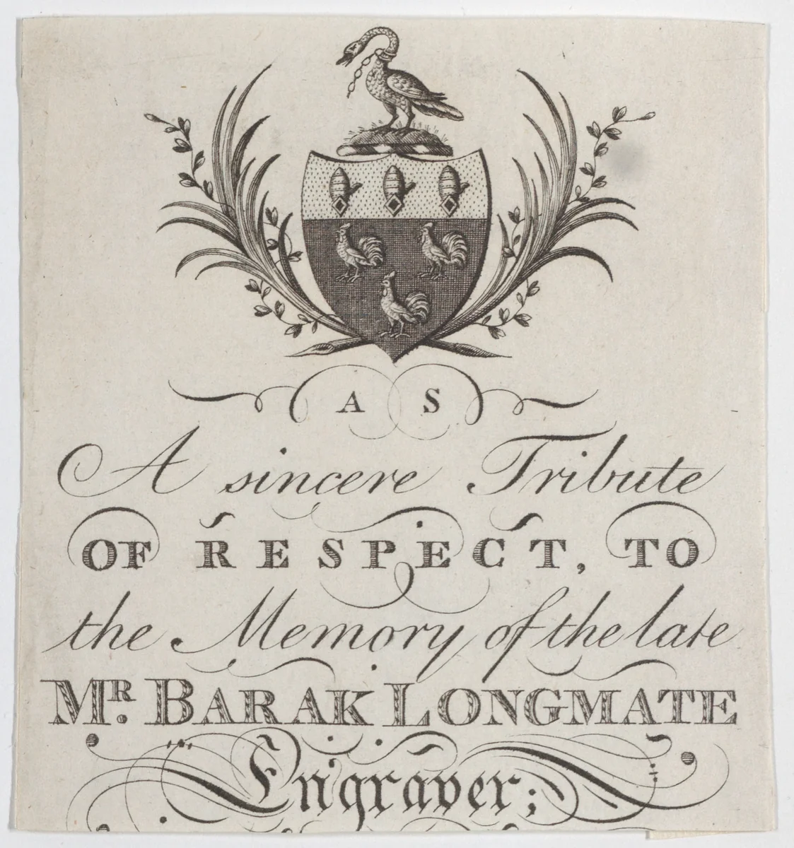 Memorial Card for Mr. Barak Longmate, genealogical editor and heraldic engraver by anonymous, print, 1788-1798