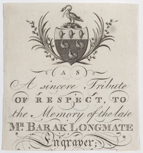 Memorial Card for Mr. Barak Longmate, genealogical editor and heraldic engraver by anonymous, print, 1788-1798