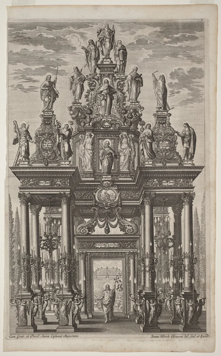 Frontispiece with Triumphal Arch with Christ and the Apostles by Johann Ulrich Kraus, print, 1705