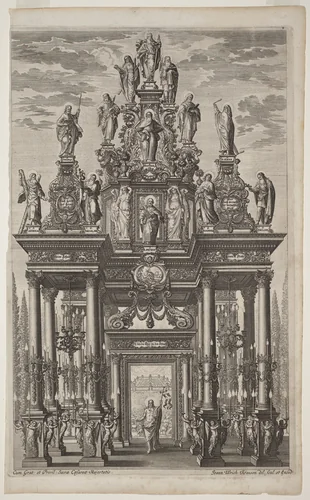 Frontispiece with Triumphal Arch with Christ and the Apostles by Johann Ulrich Kraus, print, 1705