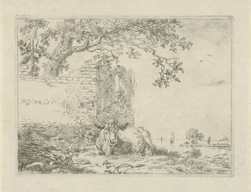 Liggend kalf voor een ruïne by anonymous, print, 1798-1848