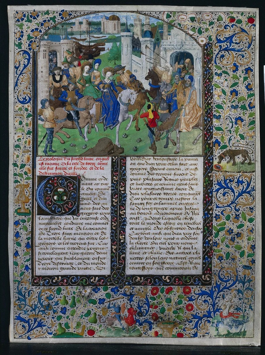 Leaf from Jehan de Courcy's "Chronique Universelle": King Priam Meets Helen and Paris outside the Gates of Troy by Unknown, manuscript, 1465-1475