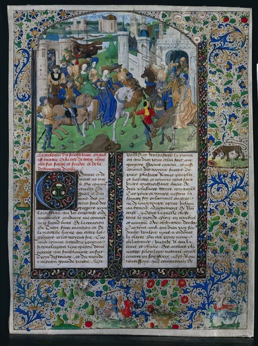 Leaf from Jehan de Courcy's "Chronique Universelle": King Priam Meets Helen and Paris outside the Gates of Troy by Unknown, manuscript, 1465-1475