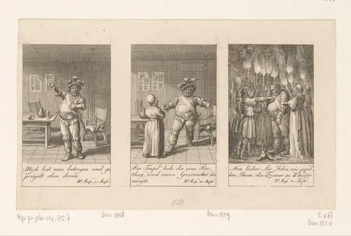 Drie voorstellingen uit William Shakespeares Merry Wives of Windsor by Daniel Nikolaus Chodowiecki, print, 1786