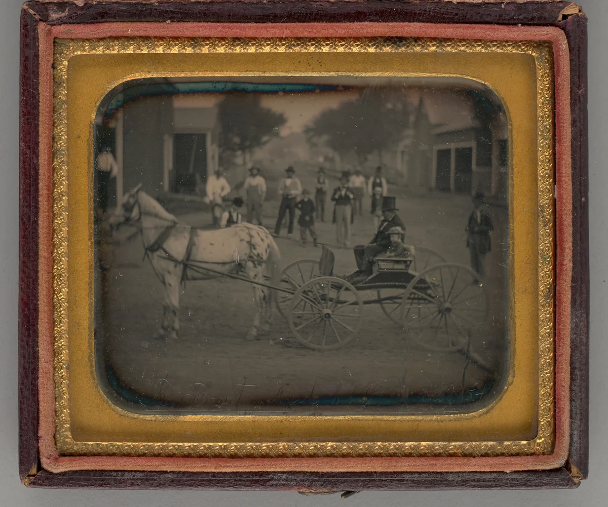 Untitled (Man with Top Hat and Boy atop Horse-Drawn Carriage) by Unknown maker, other, 1854