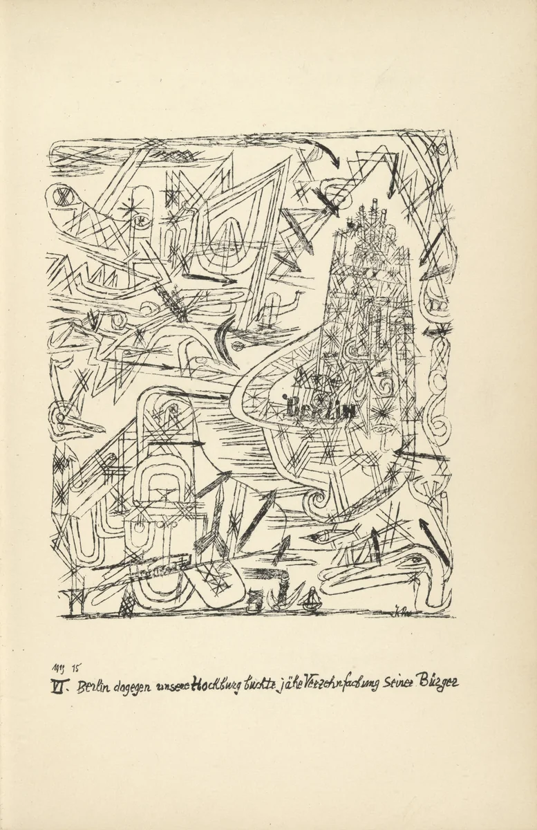 Yet Berlin, Our Citadel, Experienced a Suddent Ten-Fold Increase of Its Citizens (plate facing page 58) from Potsdamer Platz oder Die Nächte des neuen Messias. Ekstatische Visionen (Potsdamer Platz or The Nights of the New Messiah. Ecstatic Visions) by Paul Klee, illustrated book, 1919