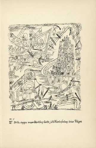 Yet Berlin, Our Citadel, Experienced a Suddent Ten-Fold Increase of Its Citizens (plate facing page 58) from Potsdamer Platz oder Die Nächte des neuen Messias. Ekstatische Visionen (Potsdamer Platz or The Nights of the New Messiah. Ecstatic Visions) by Paul Klee, illustrated book, 1919