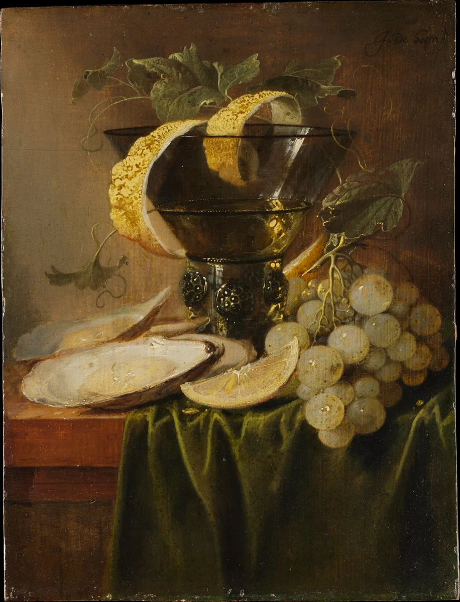 Still Life with a Glass and Oysters by Jan Davidsz. de Heem, painting, 1635-1645