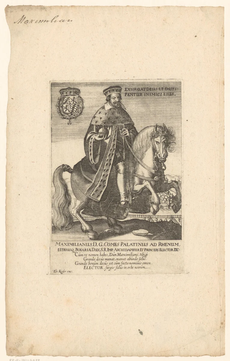 Portret van Maximiliaan I van Beyeren te paard by Eberhard Kieser, print, 1593-1625