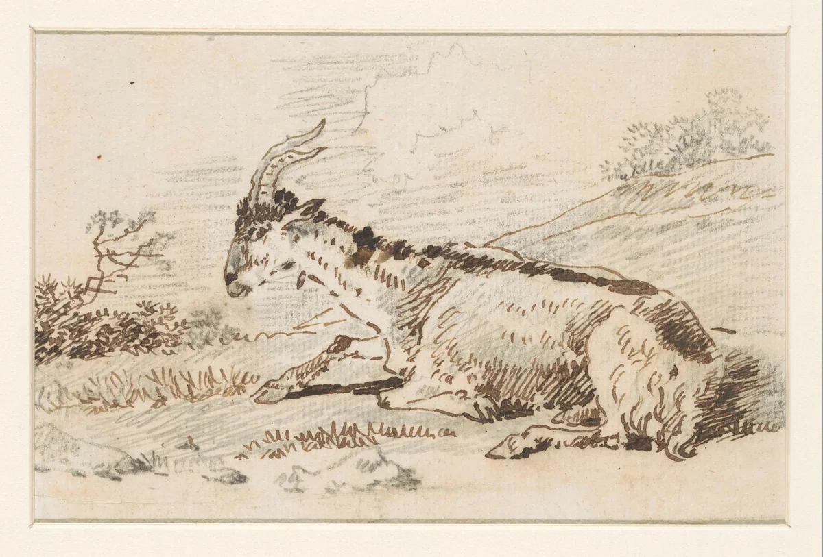 Liggende geit in landschap by David de Sandoz-Rollin, drawing, 1750-1809
