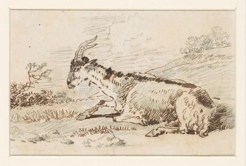Liggende geit in landschap by David de Sandoz-Rollin, drawing, 1750-1809