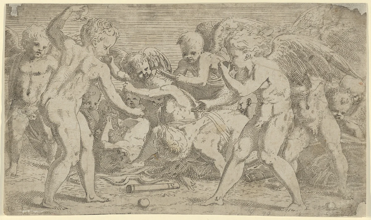 Putti playing by Léon Davent, print, 1540-1556