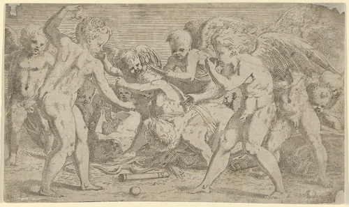 Putti playing by Léon Davent, print, 1540-1556