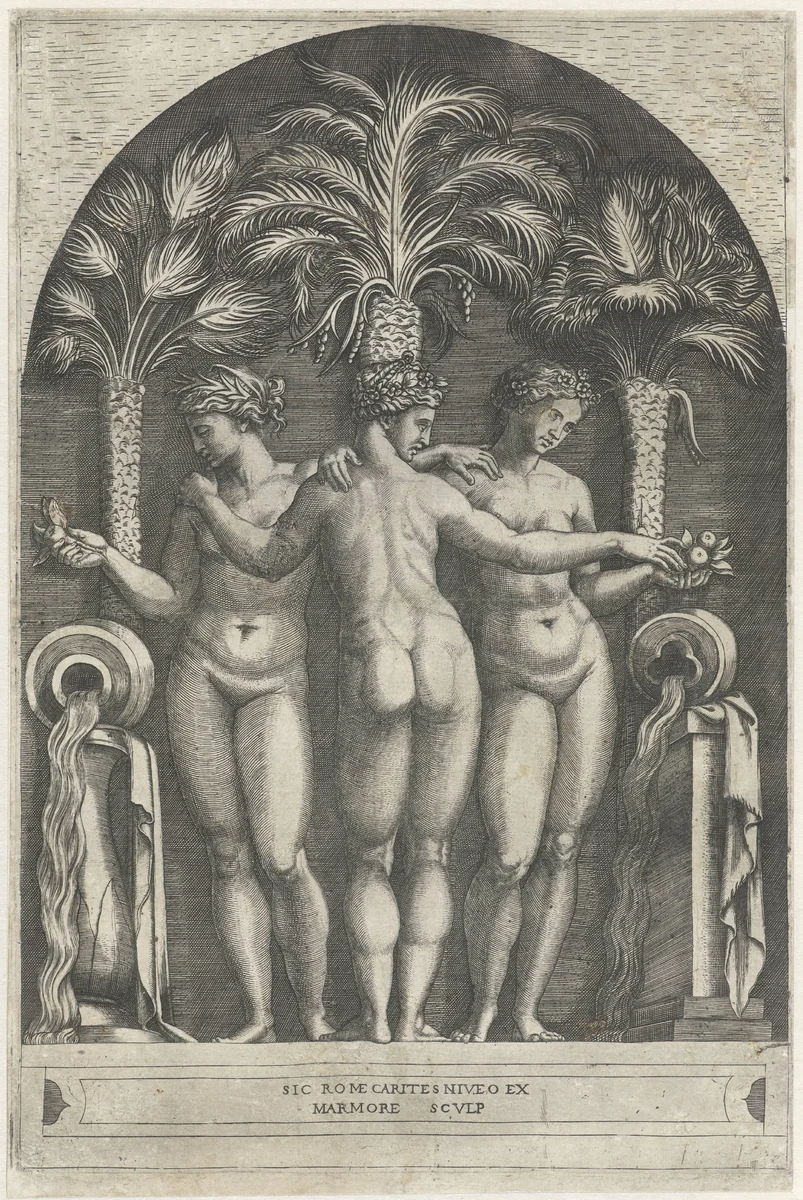 Drie gratiën staand in nis voor drie palmbomen en geflankeerd door kruiken waar water uit stroomt. by Marcantonio Raimondi, print, 1510-1527