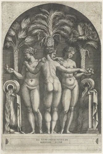 Drie gratiën staand in nis voor drie palmbomen en geflankeerd door kruiken waar water uit stroomt. by Marcantonio Raimondi, print, 1510-1527