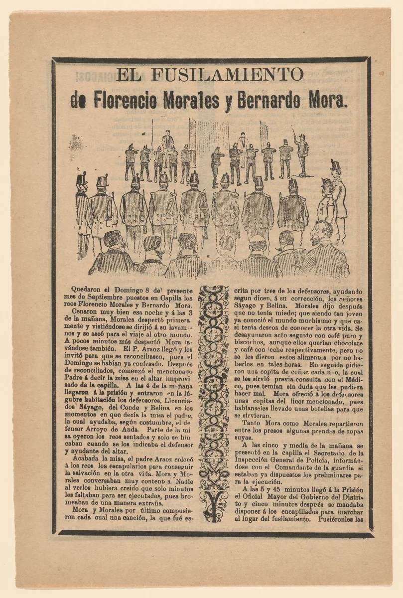 Broadsheet relating to the execution of Florencio Morales and Bernardo Mora by José Guadalupe Posada, print, 1885-1895